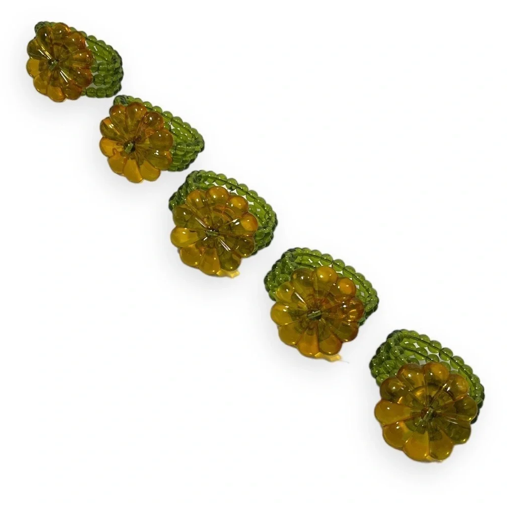 Glass Bead with Flower‎ Daisy Napkin Ring Lot of 5 Orange Green Boho Tablescape